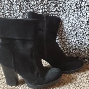 Black leather suede heeled boots